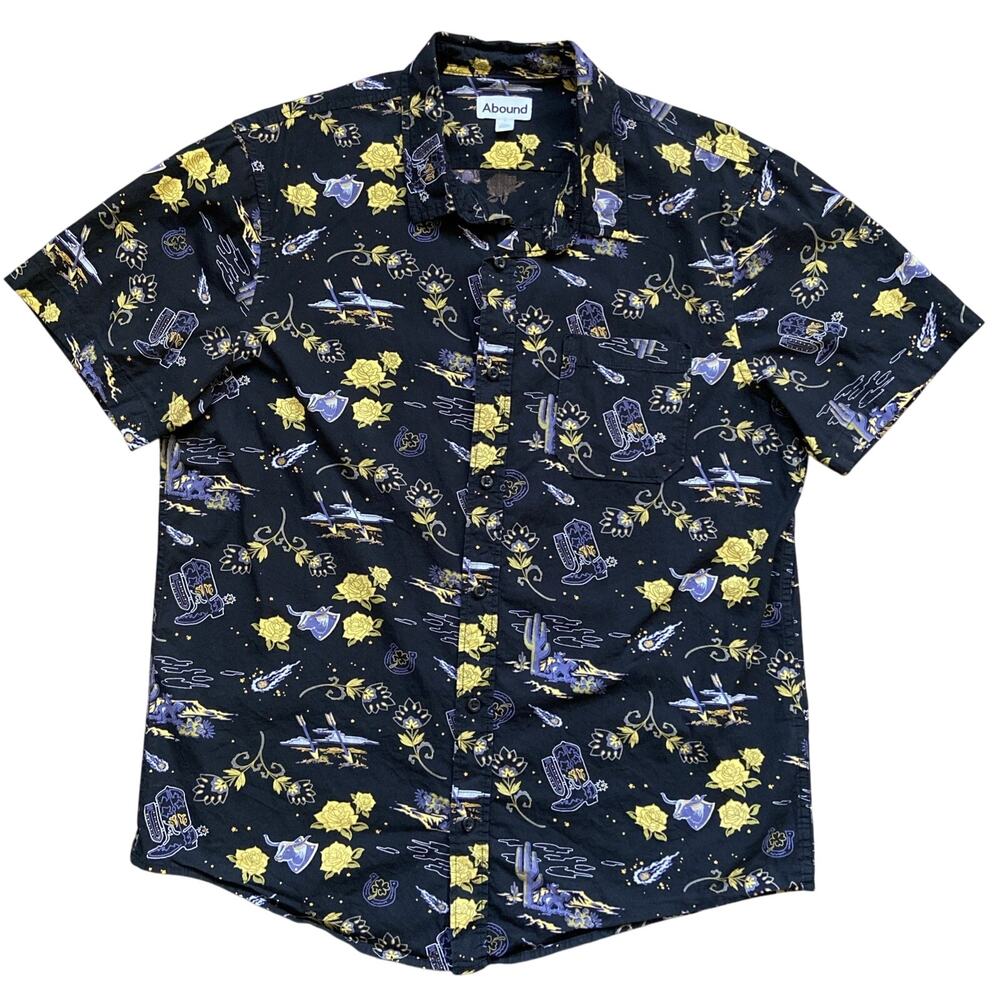 Abound Short Sleeve Shirt Men Sz L Black Yellow Rose of Texas Western Graphic